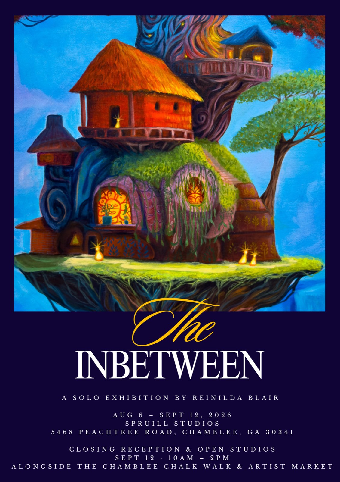 Exhibition flyer for The Inbetween, a solo show by Reinilda Blair at Spruill Studios in Chamblee, Georgia, August 6 to September 12, 2026